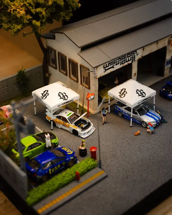 ガレージシーンのジオラマクローズアップ